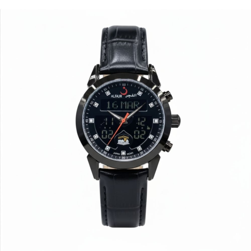 ALFAJR Men's Black Leather Strap Digital Analog Islamic Prayer Time Watch