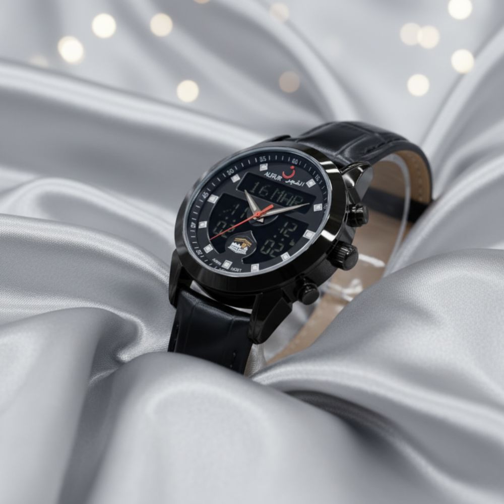 ALFAJR Men's Black Leather Strap Digital Analog Islamic Prayer Time Watch