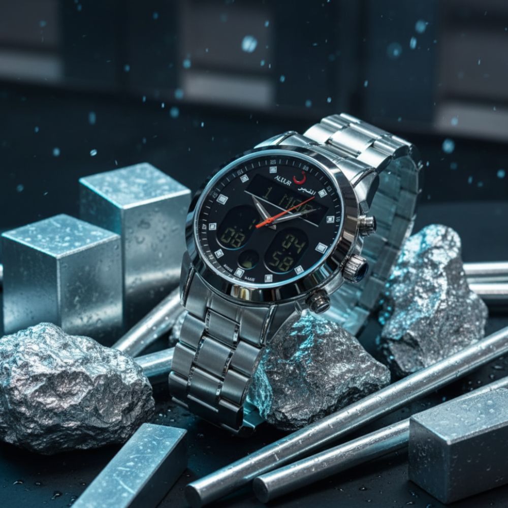 ALFAJR Men's silver stainless chain Strap Digital Analog Islamic Prayer Time Watch