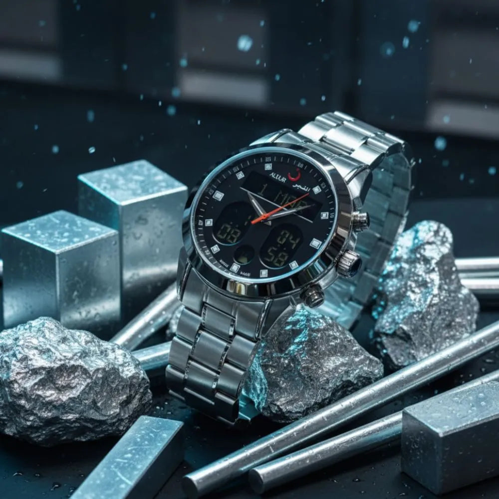 ALFAJR Men's silver stainless chain Strap Digital Analog Islamic Prayer Time Watch