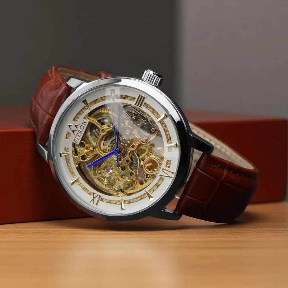 Fitron Golden Skeleton Mechanical Graphic Watch –, Leather Strap