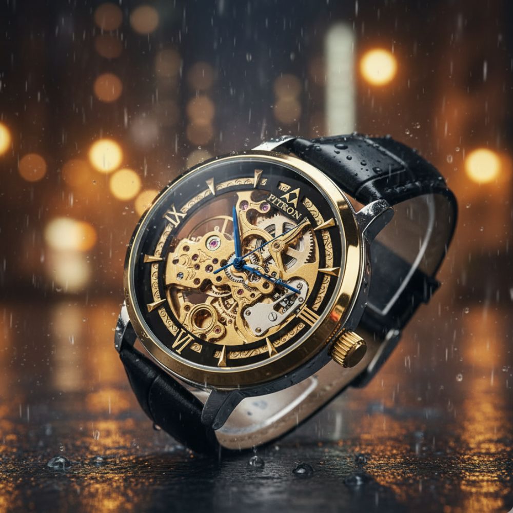 Fitron Golden Skeleton Mechanical Graphic Watch –, Leather Strap