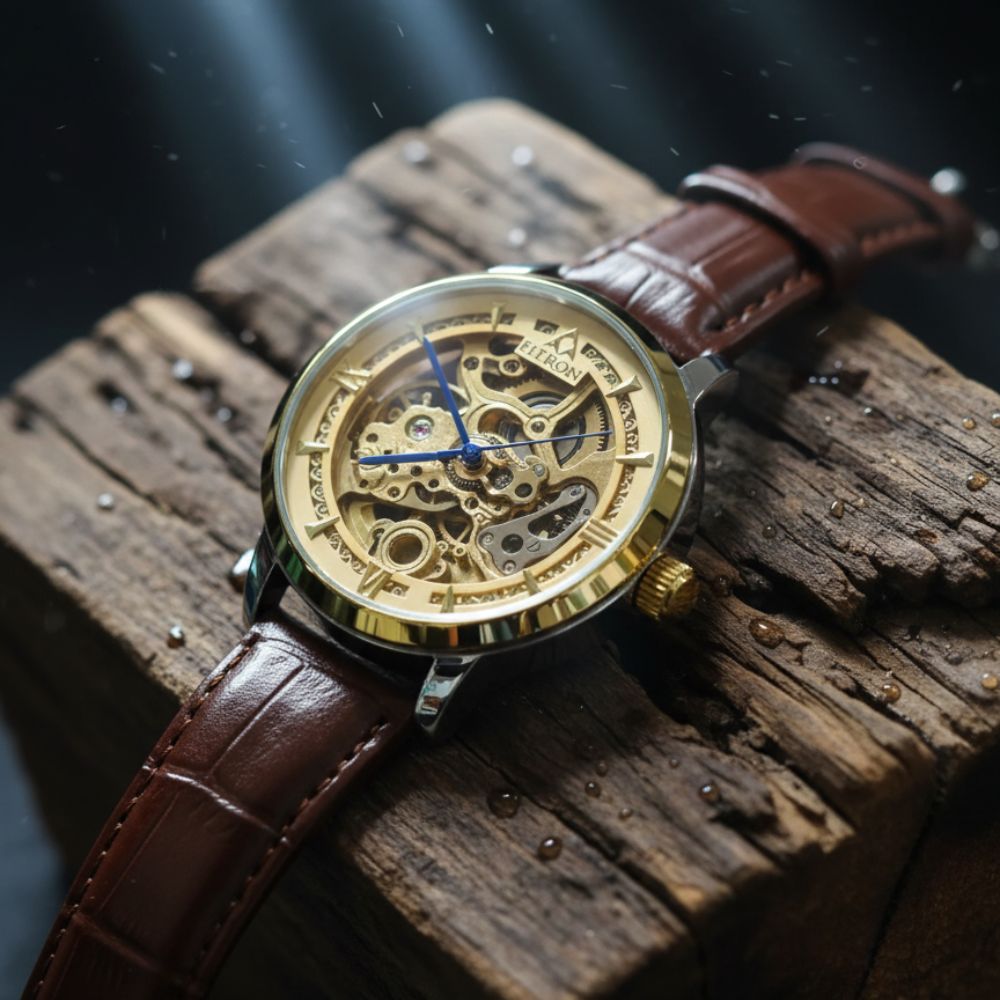 Watch with brown leather strap and visible mechanism