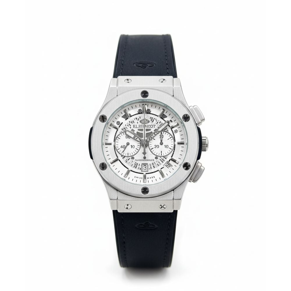 elegence  Luxury watch with black strap and silver case on a white background
