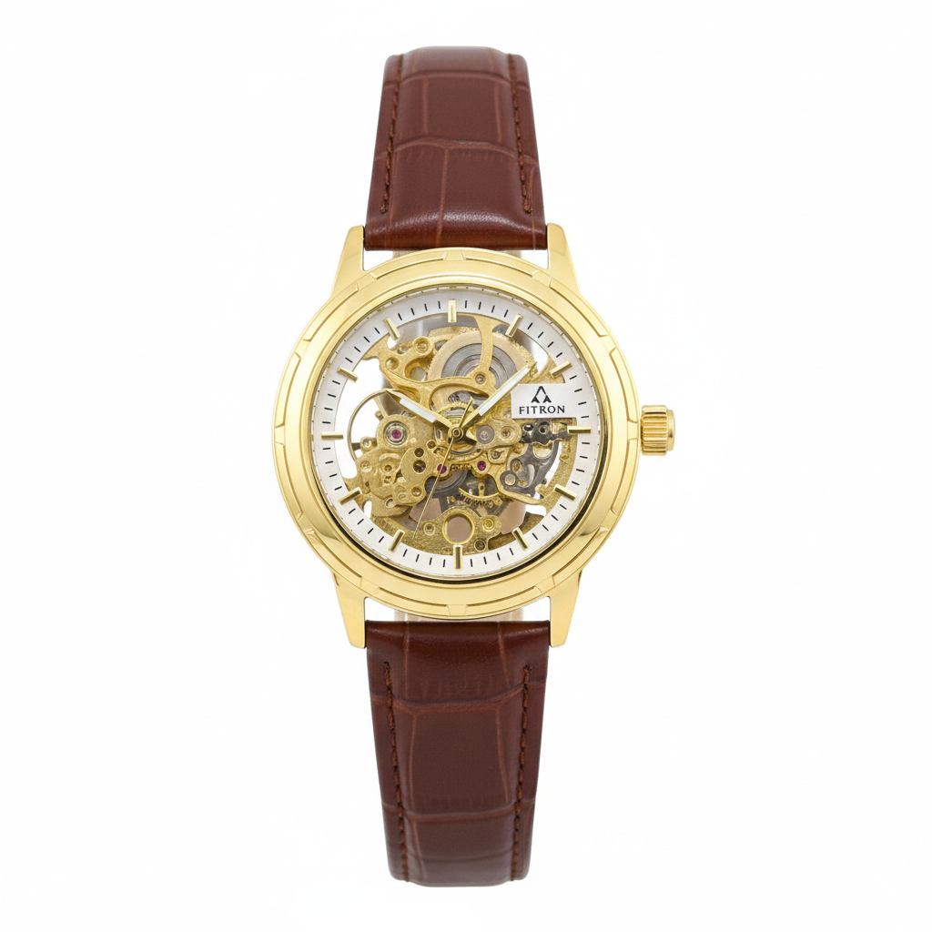 Fitron Golden Skeleton Mechanical Graphic Watch –, Leather Strap