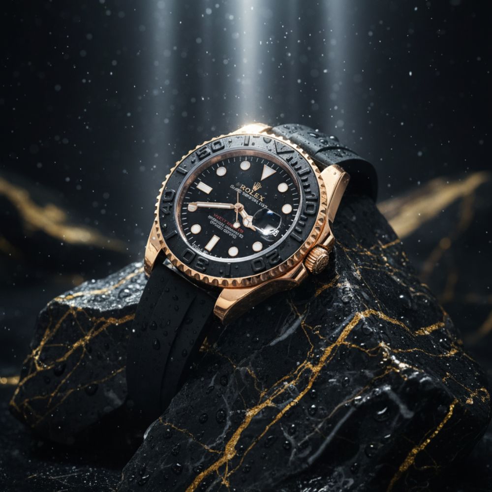 Rolex watch with black rubber strap and gold case