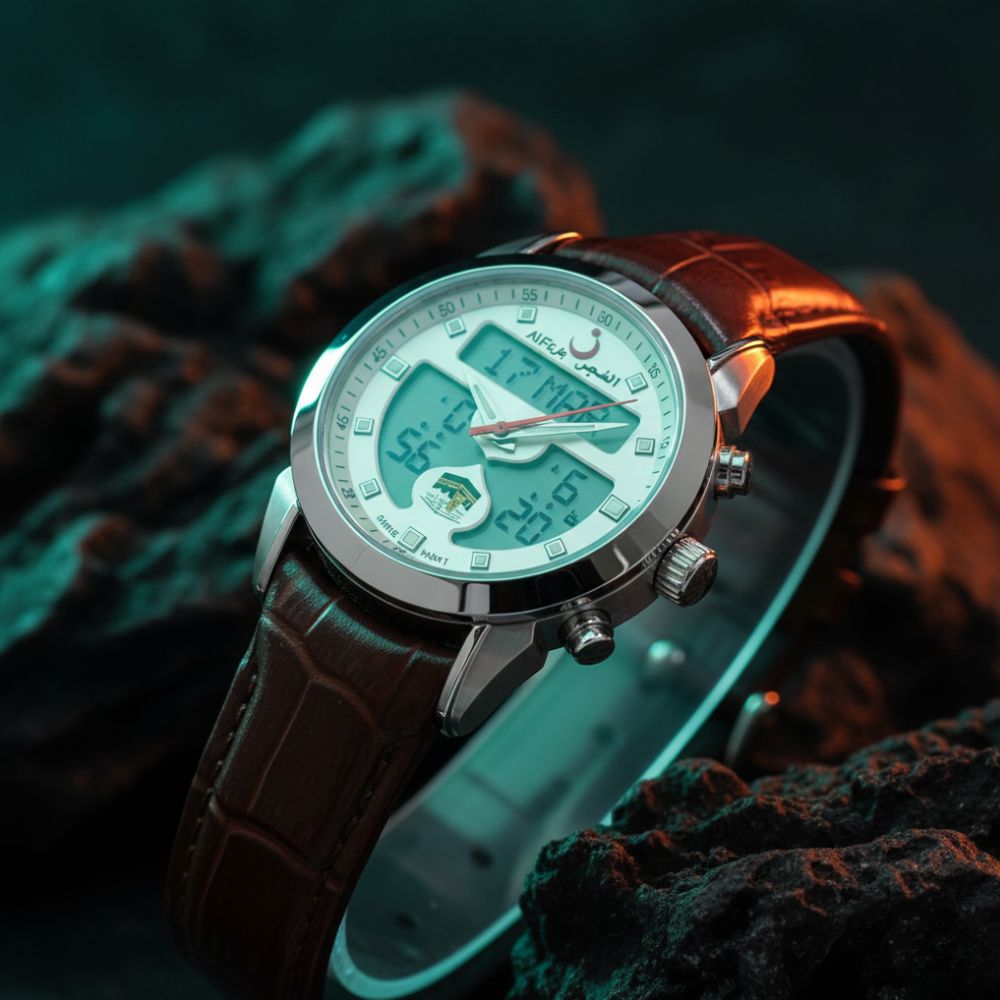 ALFAJR Men's Brown Leather Strap Digital Analog Islamic Prayer Time Watch