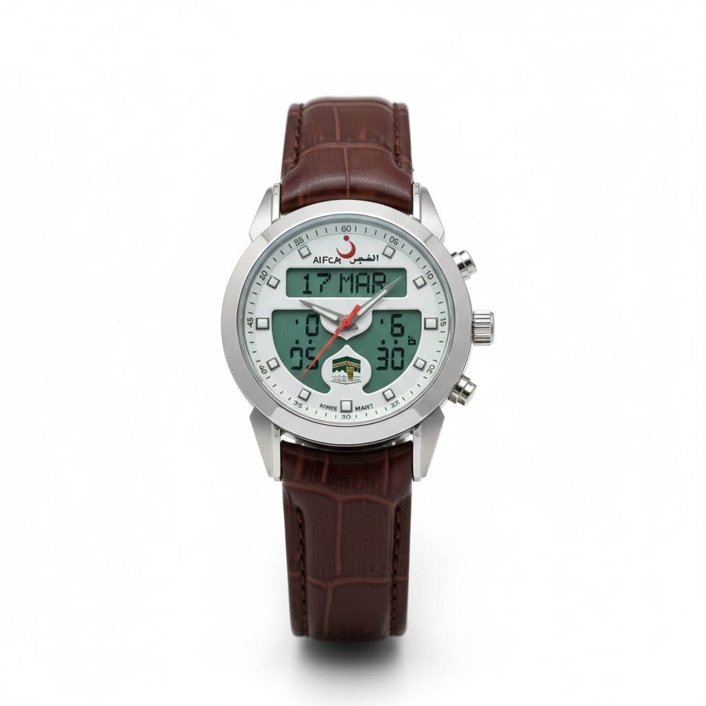 ALFAJR Men's Brown Leather Strap Digital Analog Islamic Prayer Time Watch