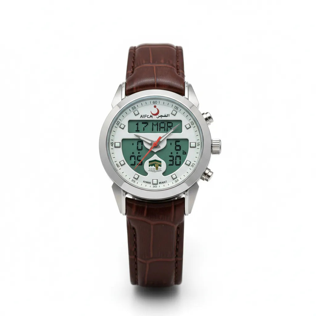 ALFAJR Men's Brown Leather Strap Digital Analog Islamic Prayer Time Watch