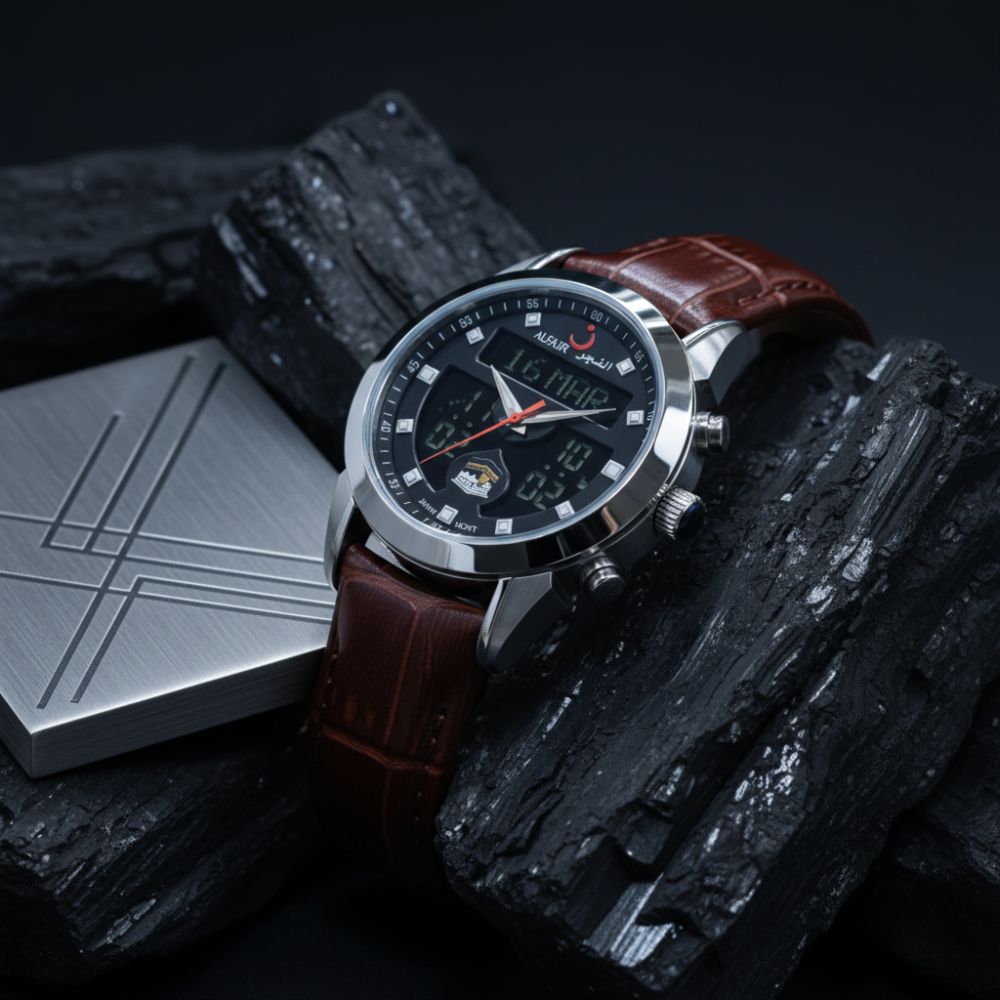 ALFAJR Men's Brown Leather Strap Digital Analog Islamic Prayer Time Watch