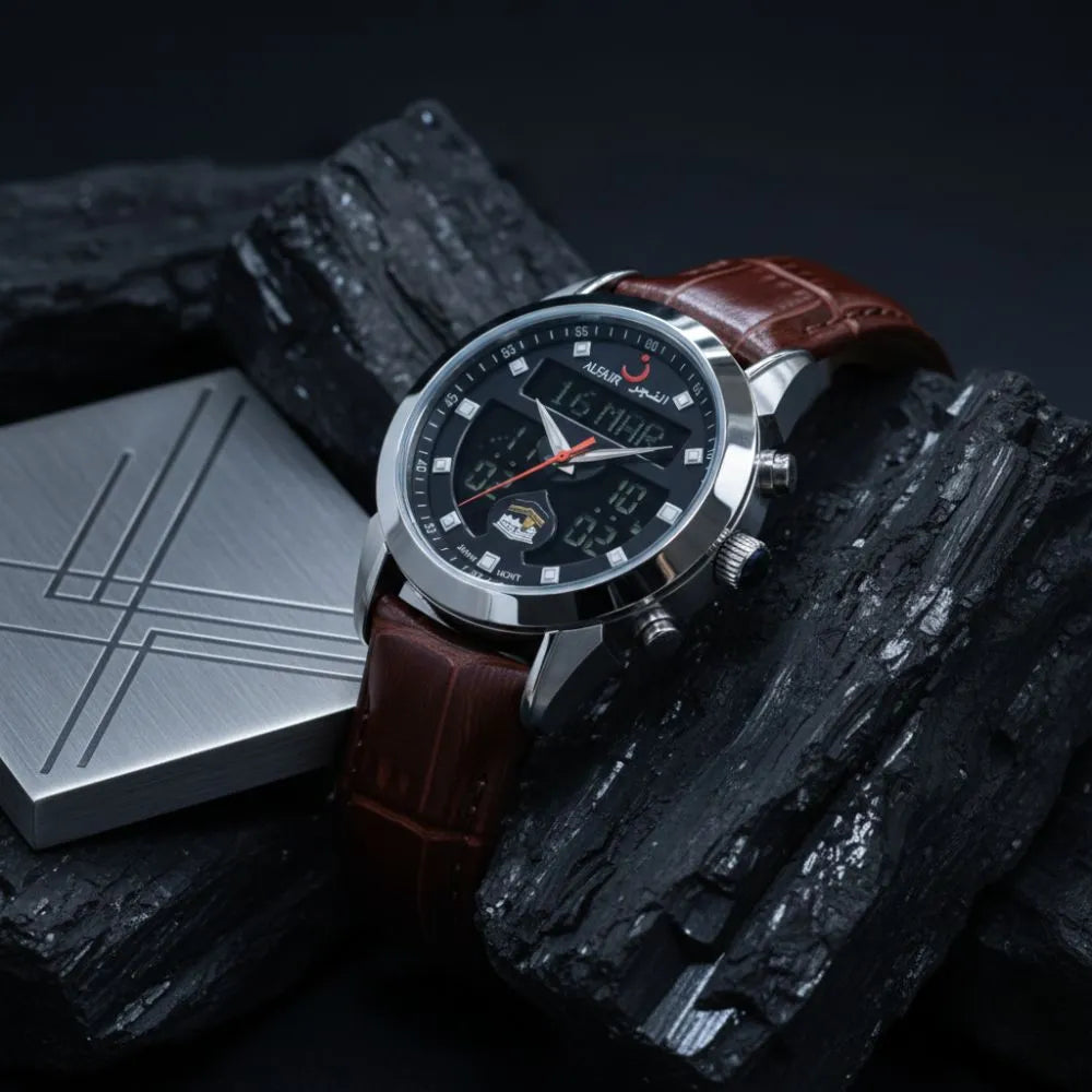 ALFAJR Men's Brown Leather Strap Digital Analog Islamic Prayer Time Watch