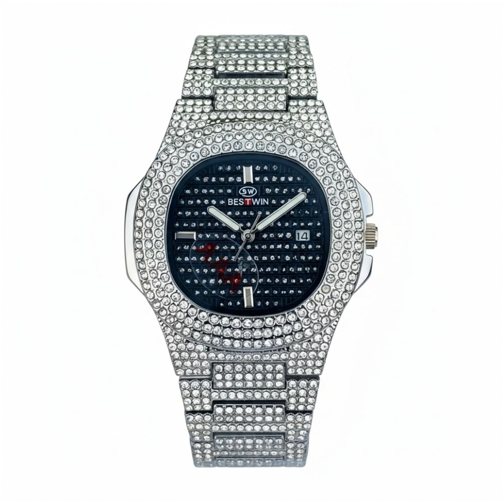 BESTIN Luxury Unisex Diamond Watch – Iced-Out Oblong Wristwatch with Crystal Quartz Movement