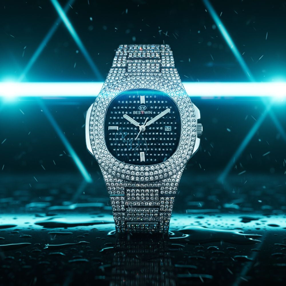 BESTIN Luxury Unisex Diamond Watch – Iced-Out Oblong Wristwatch with Crystal Quartz Movement