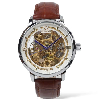 Watch with brown leather strap and visible mechanism