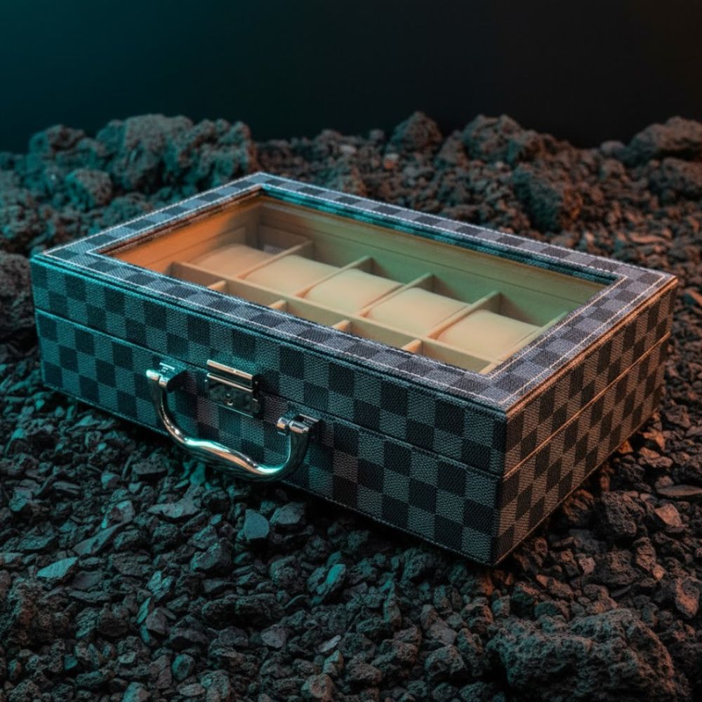 Luxury 12-Slot Watch Organizer Box  Premium Checkered Design with Glass Top