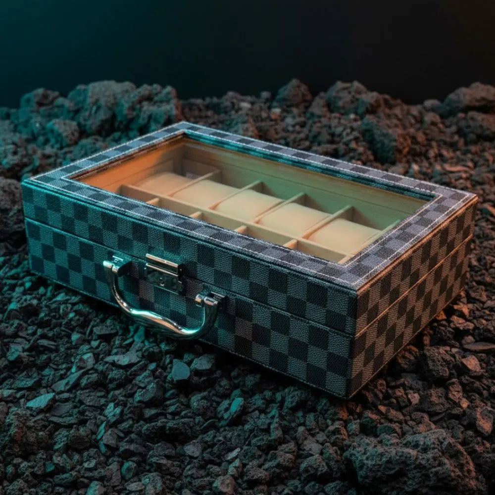 Luxury 12-Slot Watch Organizer Box  Premium Checkered Design with Glass Top